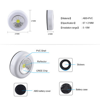 Захранвана с батерии COB Кръгла LED сензорна лампа под шкаф Led Безжична стенна лампа Лесна за използване Нощни лампи за шкаф Кухня за дома