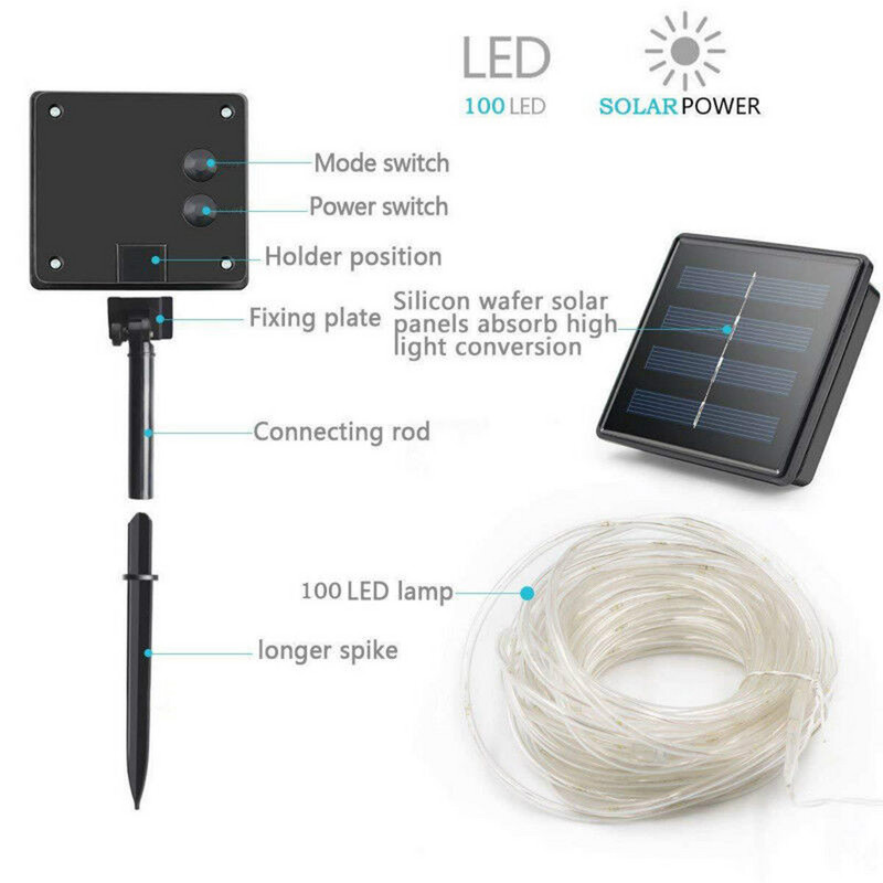 7M 12M Outdoor Solar Rope String Lights 8 Mode LED Copper Wire Fairy Light Αδιάβροχο λαμπάκι σωλήνα για διακόσμηση αυλής γάμου στον κήπο