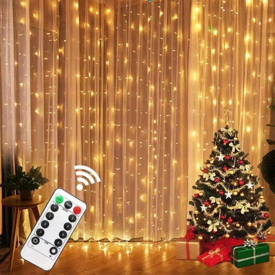 Ghirlandă LED Cortina Lumini 8 moduri Telecomandă USB Lumini zâne șir nuntă Decor de Crăciun pentru acasă Ramadan Festival Lampă