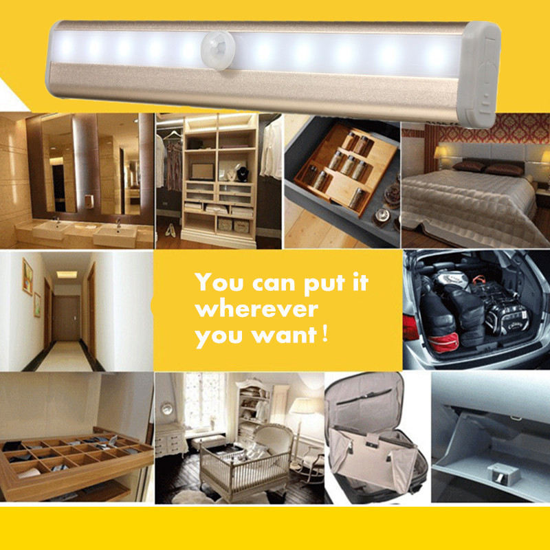 Iluminare LED ultra-subțire pentru dulap de înaltă calitate Senzor de mișcare PIR LED, reîncărcabil prin USB, iluminat cu LED pentru dulapul de bucătărie din aluminiu auriu