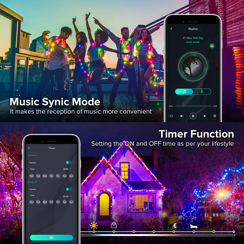 Dreamcolor karácsonyi fényfüzér BT zene WS2812B RGBIC világítás címezhető party esküvői füzér dekoráció kültéri USB DC5V