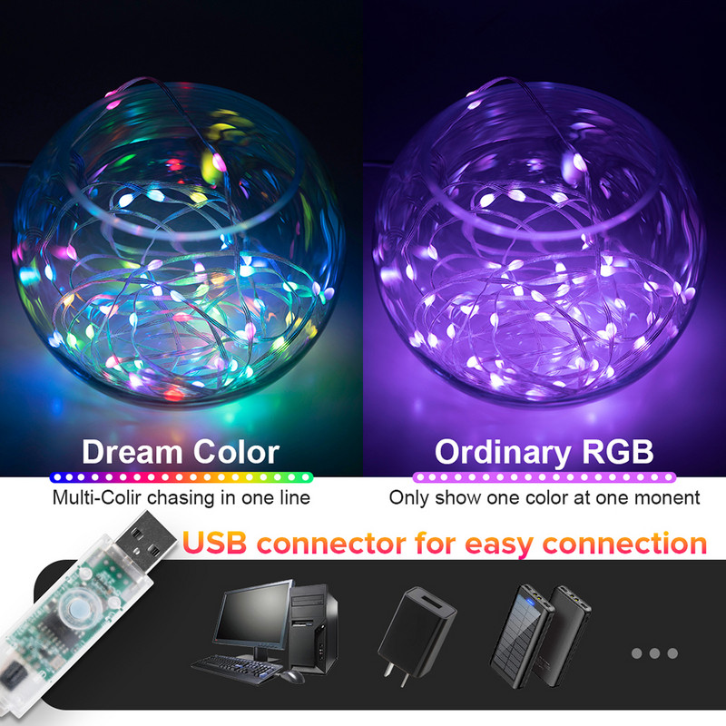 Dreamcolor karácsonyi fényfüzér BT zene WS2812B RGBIC világítás címezhető party esküvői füzér dekoráció kültéri USB DC5V