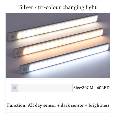 Bežično trobojno zatamnjivanje, ultratanko noćno svjetlo, senzor pokreta, LED svjetiljka za ormar, ormar, punjiva svjetiljka ispod ormarića