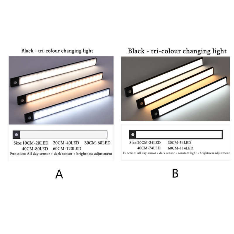 Bežično trobojno zatamnjivanje, ultratanko noćno svjetlo, senzor pokreta, LED svjetiljka za ormar, ormar, punjiva svjetiljka ispod ormarića