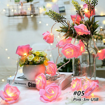 1,5/3m LED Rose Flower Lights String Battery Garland Artificial Bouquet Foam Fairy Lights Για Στολισμός Γάμου του Αγίου Βαλεντίνου