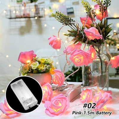 1,5/3m LED Rose Flower Lights String Battery Garland Artificial Bouquet Foam Fairy Lights Για Στολισμός Γάμου του Αγίου Βαλεντίνου