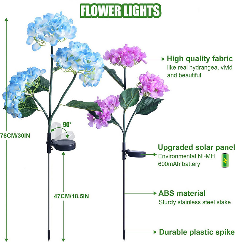 Solarna vrtna rasvjeta Vanjski realističan cvijet hortenzije Solarna svjetiljka Uređenje dvorišta Sunčeva svjetlost za stazu Uređenje dvorišta na terasi