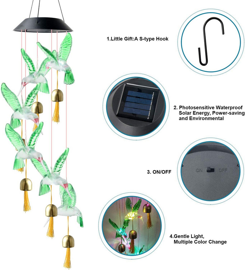 Solarno svjetlo Power Wind Chime Crystal Hummingbird Butterfly Vodootporno vanjsko svjetlo Wind Chime za vrtnu dekoraciju dvorišta