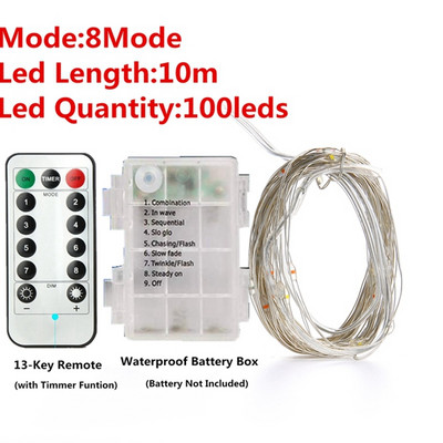 Karácsonyi 33 láb 100 LED-es tündérfüzér lámpák elemes távirányítós időzítővel működő vízálló rézhuzalos villogó lámpa 20 m