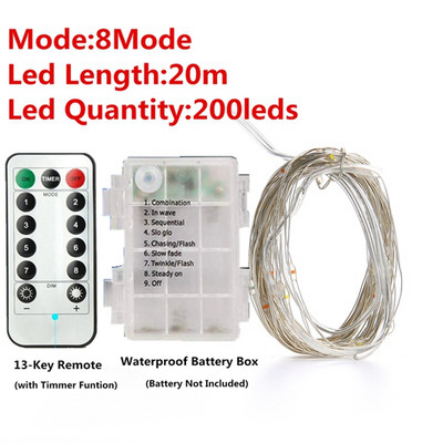 Karácsonyi 33 láb 100 LED-es tündérfüzér lámpák elemes távirányítós időzítővel működő vízálló rézhuzalos villogó lámpa 20 m