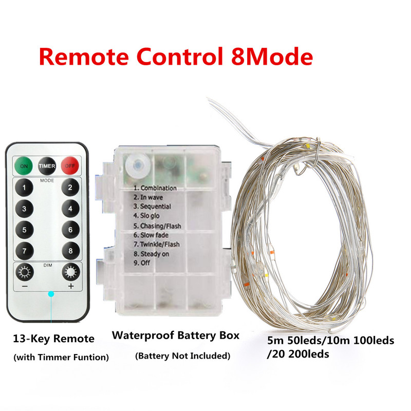 Karácsonyi 33 láb 100 LED-es tündérfüzér lámpák elemes távirányítós időzítővel működő vízálló rézhuzalos villogó lámpa 20 m