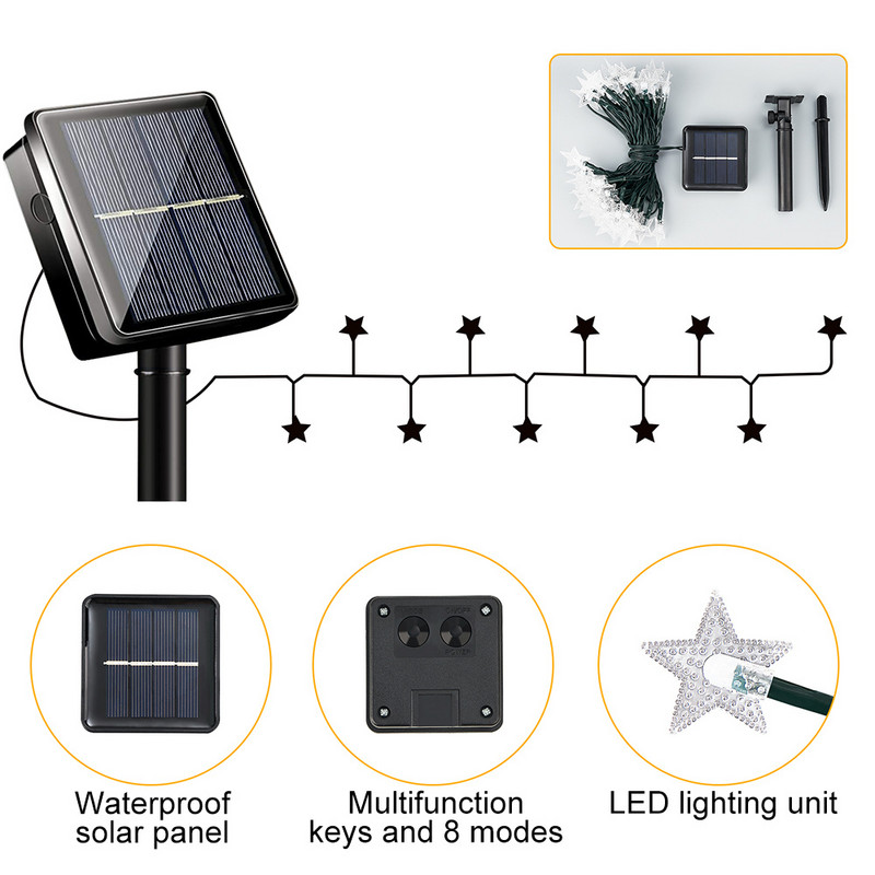 Saules zvaigznes stīgu gaismas 8 režīmi Twinkle Fairy ūdensizturīgs vītne āra dārziem zāliena Ziemassvētku eglīšu žogam balkona dekoram