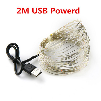 LED zsinór lámpa Cooper Wire USB tündér meleg fehér füzér Otthoni karácsonyi esküvői parti dekoráció Elemről működik 2 db/tétel