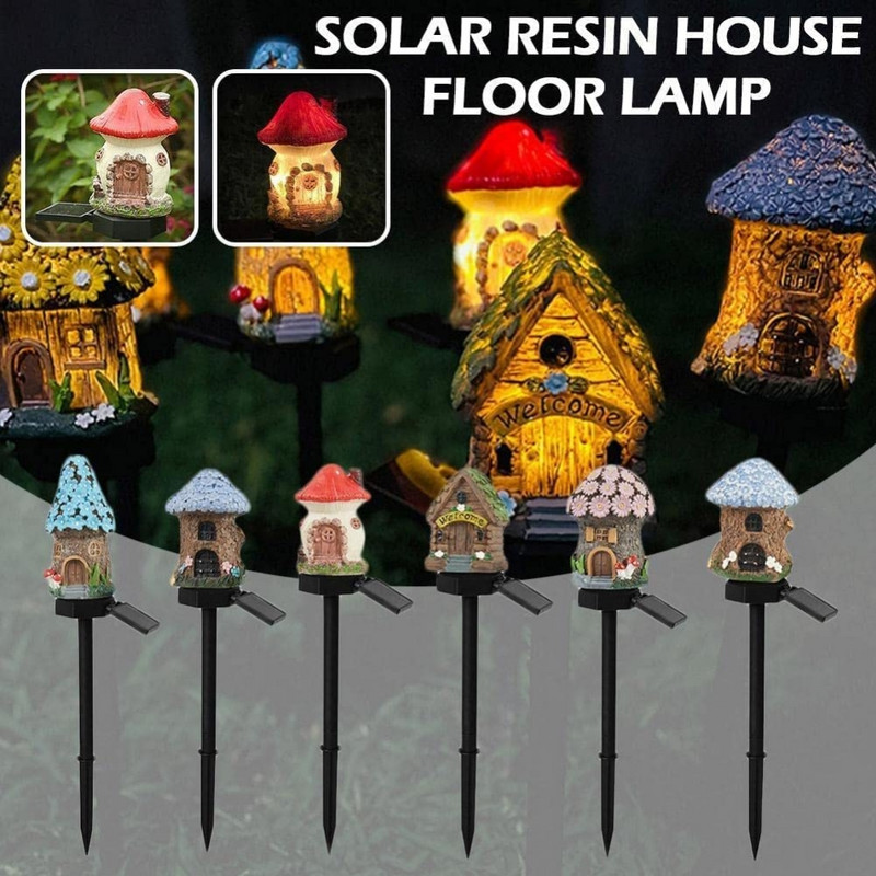 Lumină solară pentru gazon cu LED-uri Multi Craft în miniatură Casă de zâne Funcționată cu energie solară Decor exterior LED Lumină pentru grădină Lampă de Crăciun pentru cabană din rășină