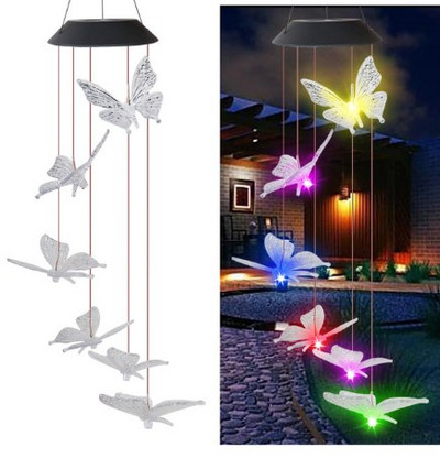 Krāsains LED saules enerģijas vēja zvana kristāla kolibri tauriņš ūdensizturīgs āra vēja zvana saules gaisma dārzam ārā