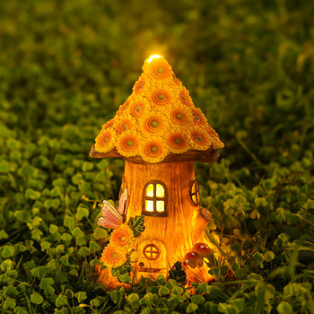 Задвижвана от слънчева светлина Led Light Craft Miniature House Garden Fairy Outdoor Walkway Sun Flower Resin Cottage Landscape Lamp Decoration