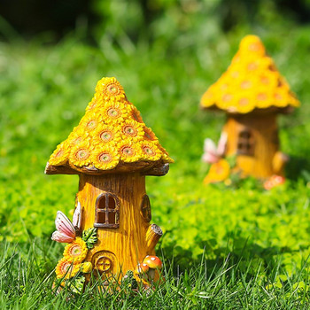 Задвижвана от слънчева светлина Led Light Craft Miniature House Garden Fairy Outdoor Walkway Sun Flower Resin Cottage Landscape Lamp Decoration