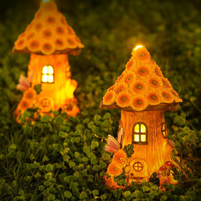 Задвижвана от слънчева светлина Led Light Craft Miniature House Garden Fairy Outdoor Walkway Sun Flower Resin Cottage Landscape Lamp Decoration