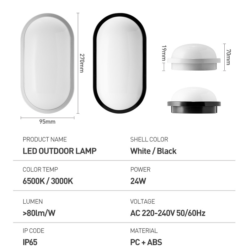 Lampă de perete cu LED pentru exterior, 24 W, impermeabilă IP65, rezistentă la umiditate, rezistentă la praf. Plafoniere cu LED pentru interior. Aplice de perete ovale montate la suprafață