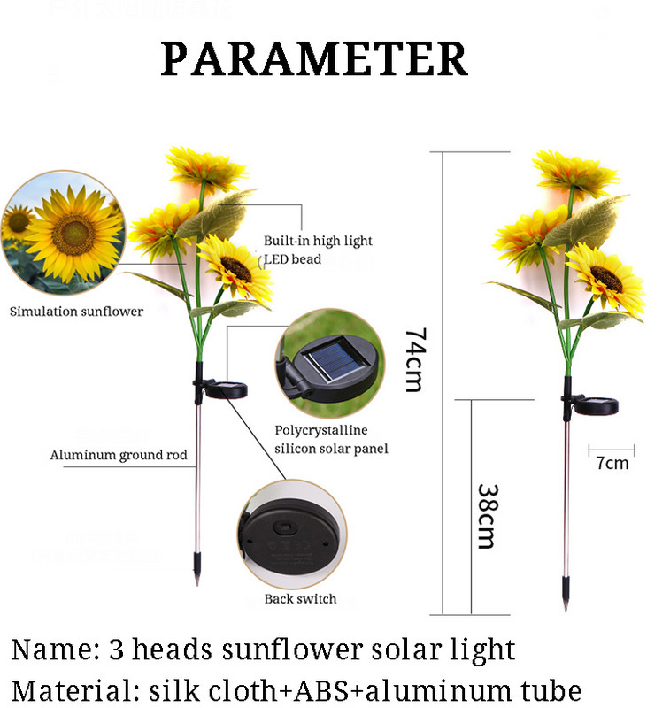 2gab 3 galviņas saulespuķes zāliena gaisma ūdensnecaurlaidīga āra saules gaismas ielu dārza plāksteris iekšpagalma rotājums lauku mājai