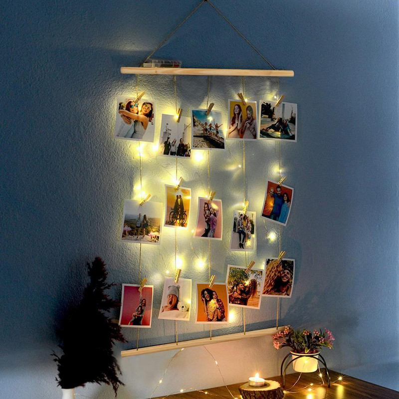Rankų darbo medinės raištelės, apšviestos nuotraukų kabyklos spaustukai nuotraukoms su LED pakabinami nuotraukų ekrano segtukai koliažas sieninių virvelių rėmelis K3e9