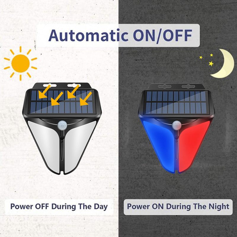 Saules LED brīdinājuma indikatora gaisma ārā ar kustības sensoru policijas gaismas saules baterija, kas darbojas dārza avārijas apgaismojumā