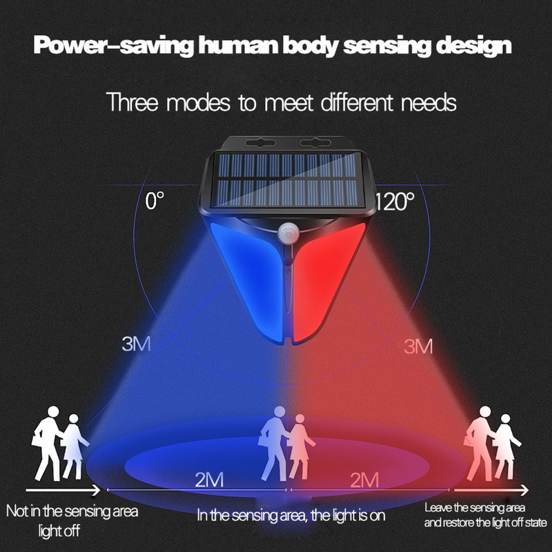 Saules LED brīdinājuma indikatora gaisma ārā ar kustības sensoru policijas gaismas saules baterija, kas darbojas dārza avārijas apgaismojumā