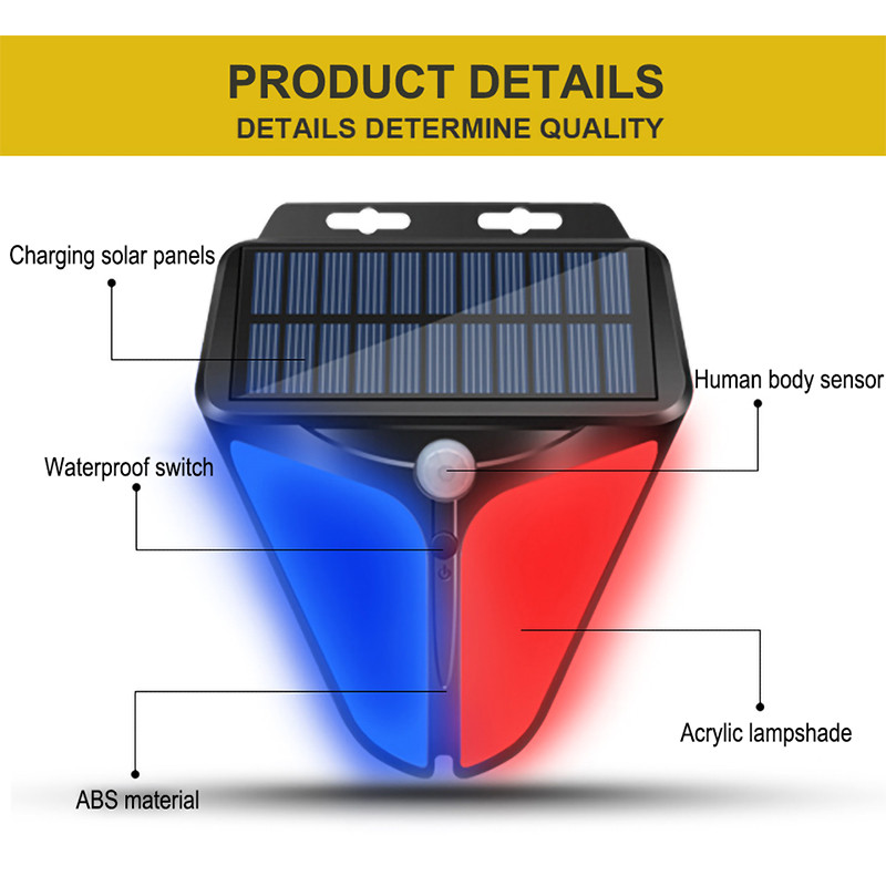 Saules LED brīdinājuma indikatora gaisma ārā ar kustības sensoru policijas gaismas saules baterija, kas darbojas dārza avārijas apgaismojumā