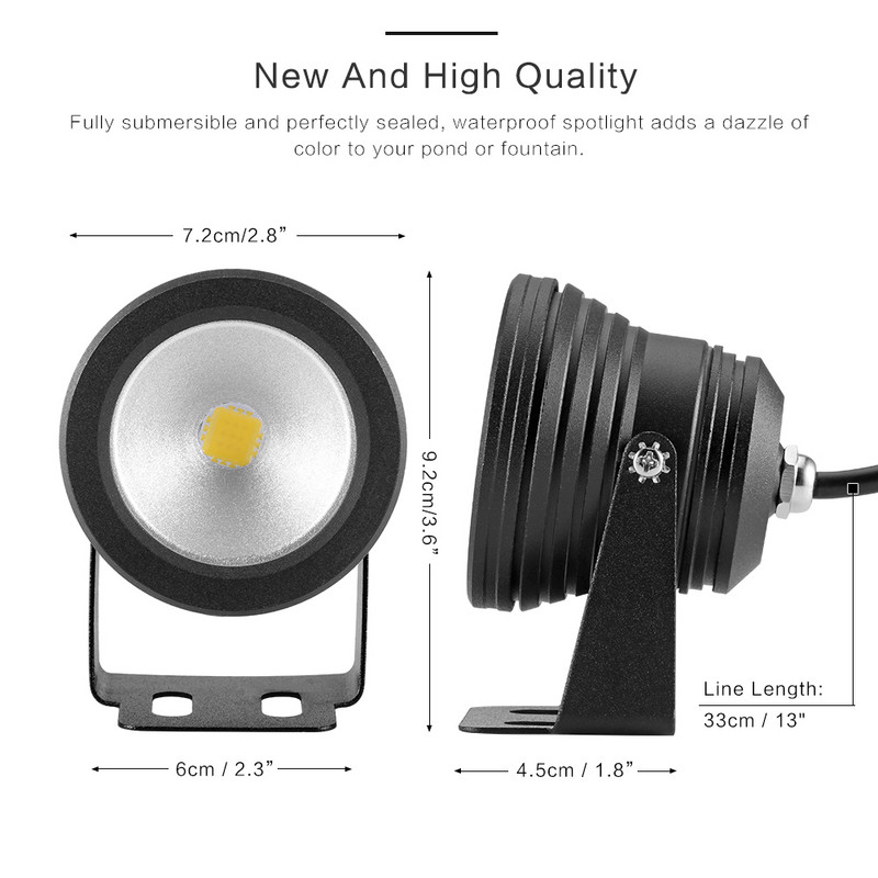 Ūdensizturīgs IP65 LED zemūdens prožektors peldbaseinu strūklakām dīķa ūdens dārza akvārijam 900 ~ 1000 LM 180 grādu virziens