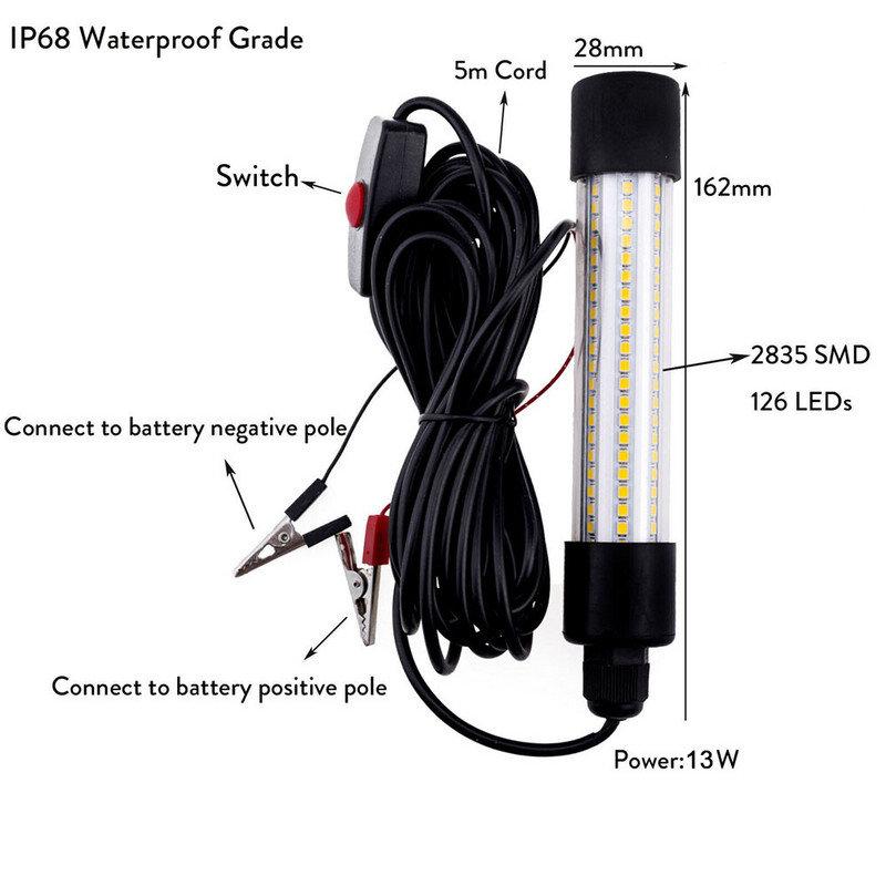 AC/DC 12-24V LED zemūdens gaisma 13W IP65 āra ūdensizturīga iegremdējama makšķerēšanas lampa ar slēdzi Balta zaļa zila gaisma