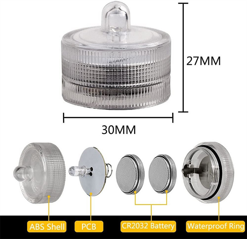 12gab/partija Ūdensnecaurlaidīgas LED tējas lampiņas ar akumulatoru iegremdējamu LED sveču lampu kāzu strūklaku vāzēm zivju tvertnes dekoru gaismām