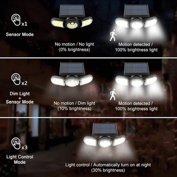 140 COB Слънчева пътека Сензор за движение Soalr LED светлина Външна IP65 Водоустойчива триглава LED прожекторна светлина Soalr Spotlight