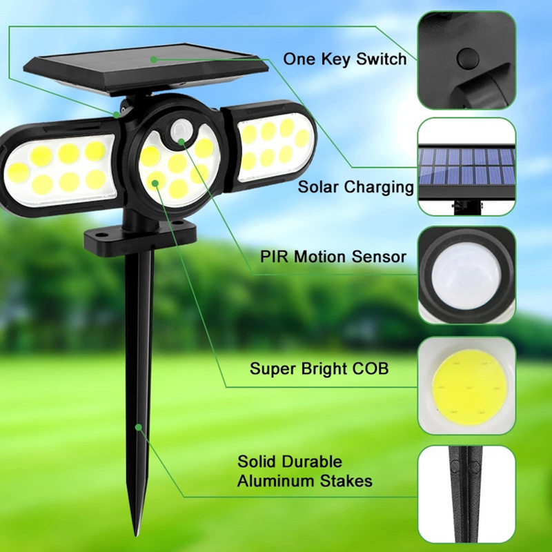140 COB Solar Path Light Motion Sensor Soalr LED Light Outdoor IP65 Vízálló háromfejes LED Flood Lights Soalr Spotlight