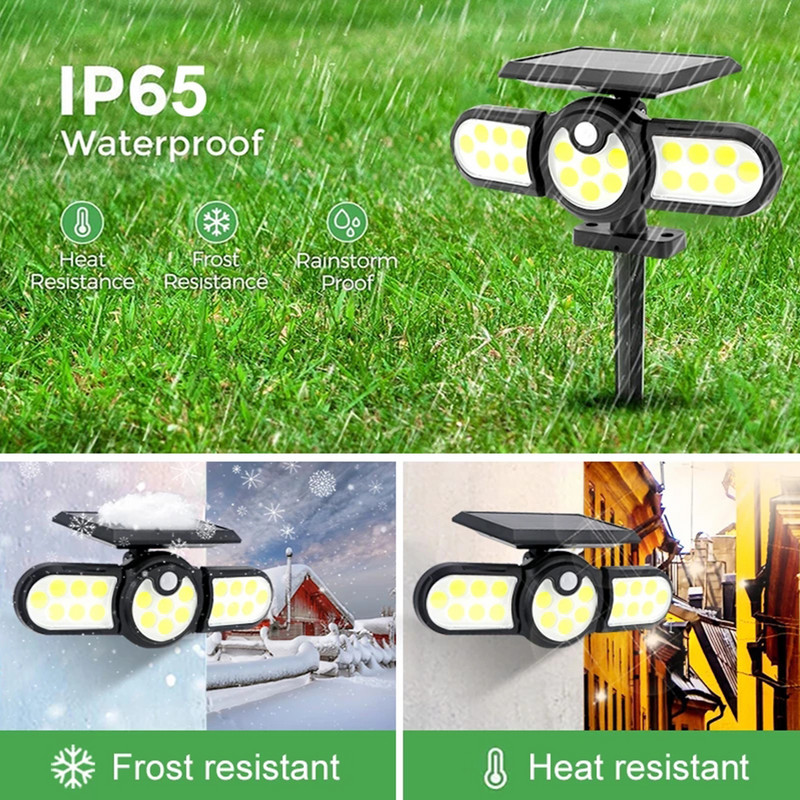 140 COB Solar Path Light Motion Sensor Soalr LED Light Outdoor IP65 Vízálló háromfejes LED Flood Lights Soalr Spotlight