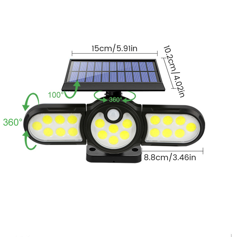 140 COB Solar Path Light Motion Sensor Soalr LED Light Outdoor IP65 Vízálló háromfejes LED Flood Lights Soalr Spotlight