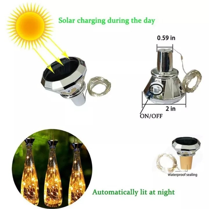 2M 20 LED vīna pudeles saules gaismas saules gaismas stīgu gaismas āra pasaku gaismas ar baterijām darbināmas ūdensizturīgas saules korķa gaismas