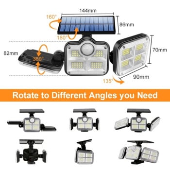 108 122 138 171 LED ηλιακά φώτα εξωτερικού χώρου 3 Head Motion Sensor 270 Wide Angle Illumination Αδιάβροχο Τηλεχειριστήριο τοίχου