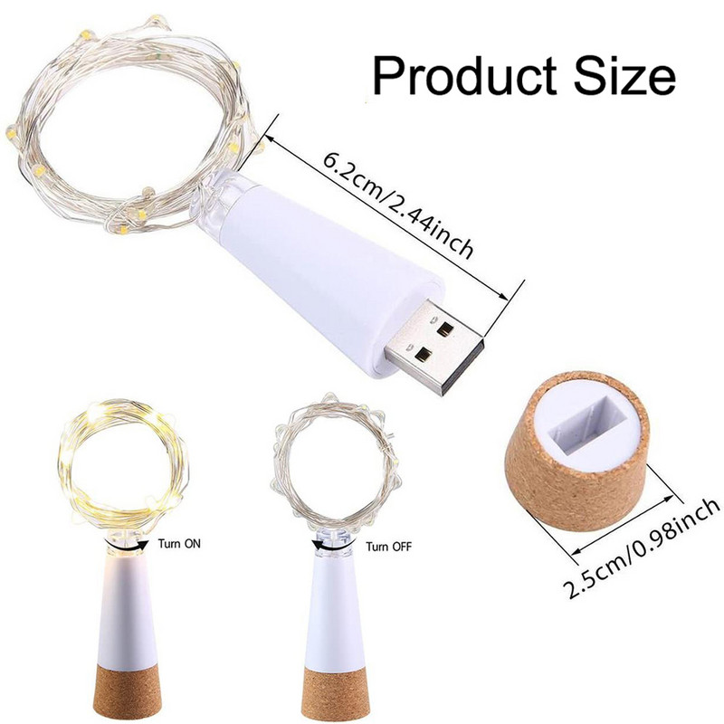 LED vīna pudeļu apgaismojums ar korķi, USB uzlādējams vīna pudeļu apgaismojums 2M 20 LED korķa gaismas vara stieple DIY zvaigžņotās pasaku gaismas