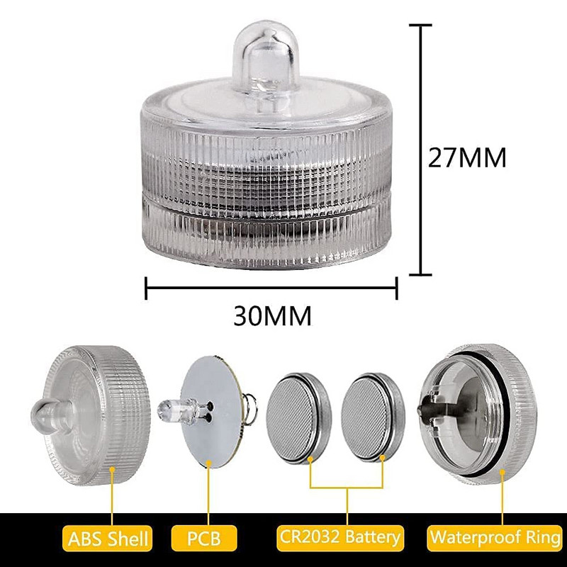 Vandeniui atsparus 12 arbatos žibintų rinkinys, veikiantis su baterijomis LED arbatinės žvakės povandeninė žvakių lempa, skirta vestuviniams fontanų vazoms, žuvų bako dekoravimui