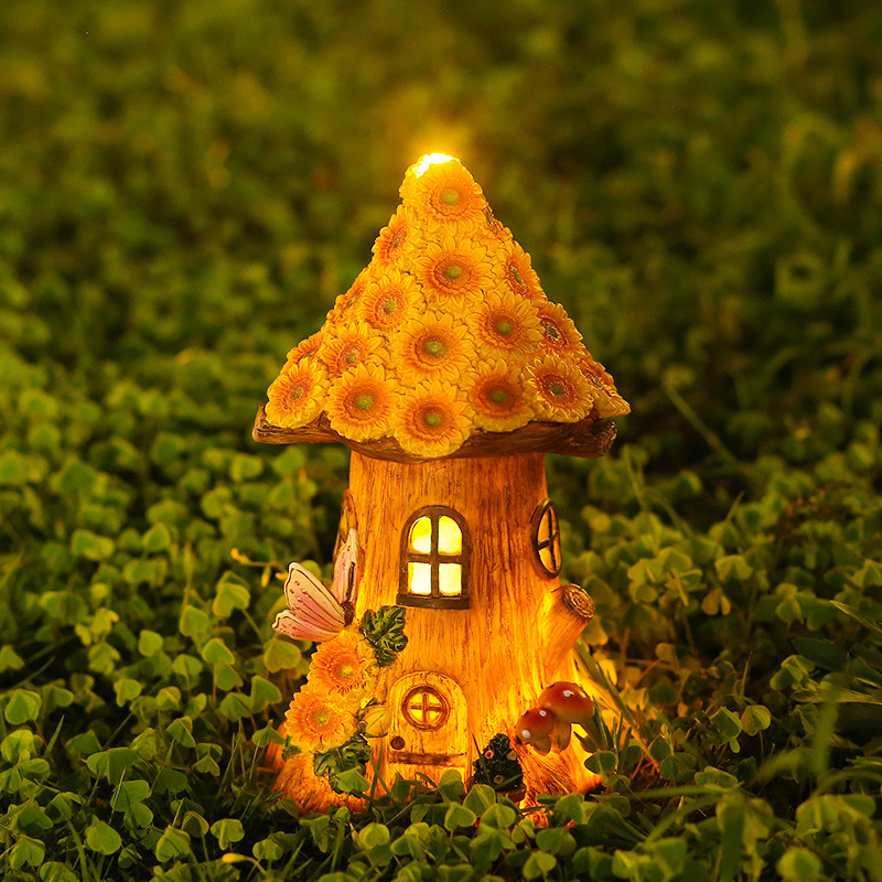 Solar Resin Tree House Dekoratív lámpák Kis ház Díszek Kültéri Kert Kert Erkély Terasz Út Dekoratív Gyeplámpák