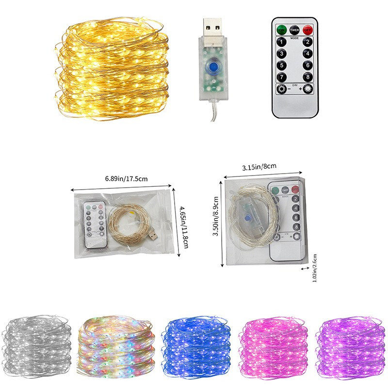 USB tālvadības pults 8 funkciju vara stieples lampas virtene Ziemassvētku kāzu guļamistabas dekorēšana 2m 5m 10m 100 gaiša sudraba stieple
