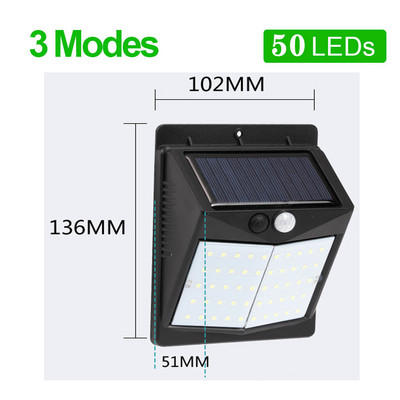 50LED sienas āra apgaismojums Saules ielu lampa Īpaši spilgts krēslas līdz rītausmai kustības sensors IP65 ūdensizturīgs PIR sensors Garden