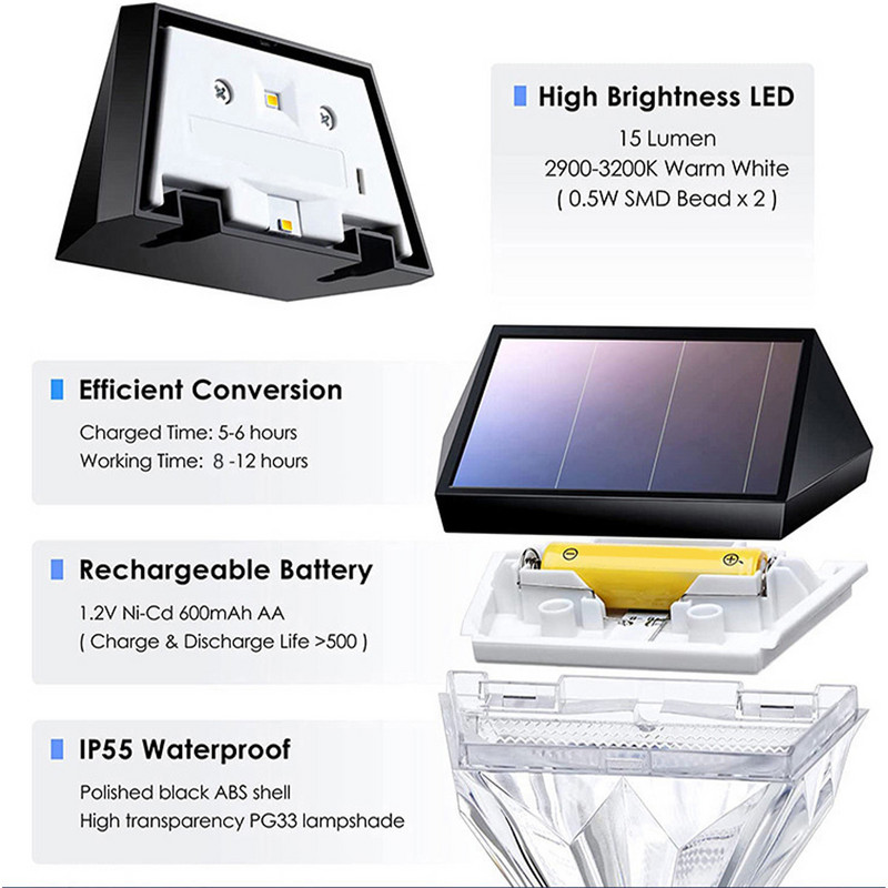 2 DB gyémánt napelemes LED lámpák kültéri vízálló kerítés fedélzeti lámpa fali lámpa napelemes LED lámpa kerti dekor lámpák a teraszra