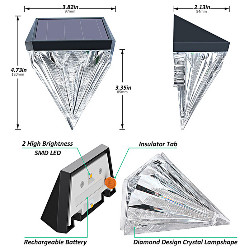 2 DB gyémánt napelemes LED lámpák kültéri vízálló kerítés fedélzeti lámpa fali lámpa napelemes LED lámpa kerti dekor lámpák a teraszra