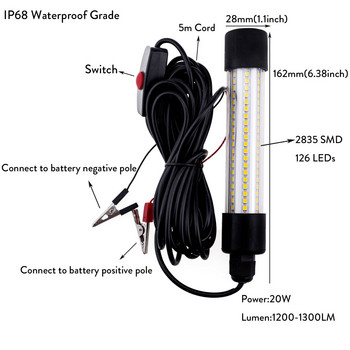 20W DC/AC 12V 126 LED 5M Wire Πράσινο Αδιάβροχο LED Fish Attracting Bait Υποβρύχιο φως ψαρέματος