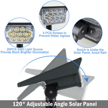 20 LED ηλιακά φωτιστικά γκαζόν Garden IP65 Αδιάβροχα Auto ON/OFF Εξωτερικός φωτισμός Ηλιακός Διακόσμηση τοπίου Φωτιστικά Spotlight