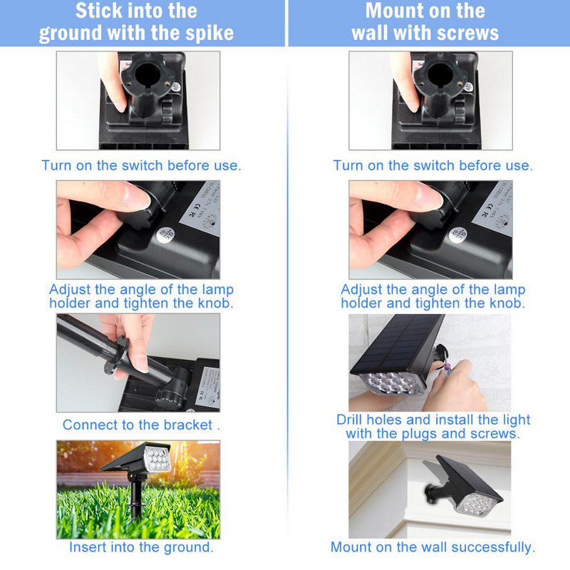 20 LED Saules zāliena lampas Dārzs IP65 Ūdensizturīgs Auto ON/OFF Āra apgaismojums Saules Ainavu apdare Prožektori Lampas