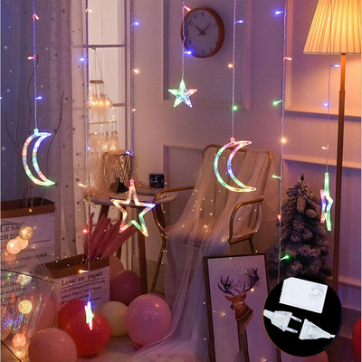 Led Fairy aizkaru gaismas Mēness zvaigznes gaismas virknes ar tālvadības pulti iekštelpu dekoratīvā Ziemassvētku mirgošanas lampa guļamistabai