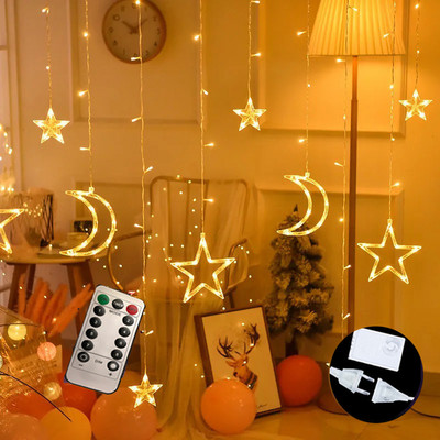 Led Fairy aizkaru gaismas Mēness zvaigznes gaismas virknes ar tālvadības pulti iekštelpu dekoratīvā Ziemassvētku mirgošanas lampa guļamistabai