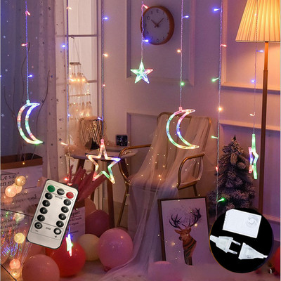 Led Fairy aizkaru gaismas Mēness zvaigznes gaismas virknes ar tālvadības pulti iekštelpu dekoratīvā Ziemassvētku mirgošanas lampa guļamistabai